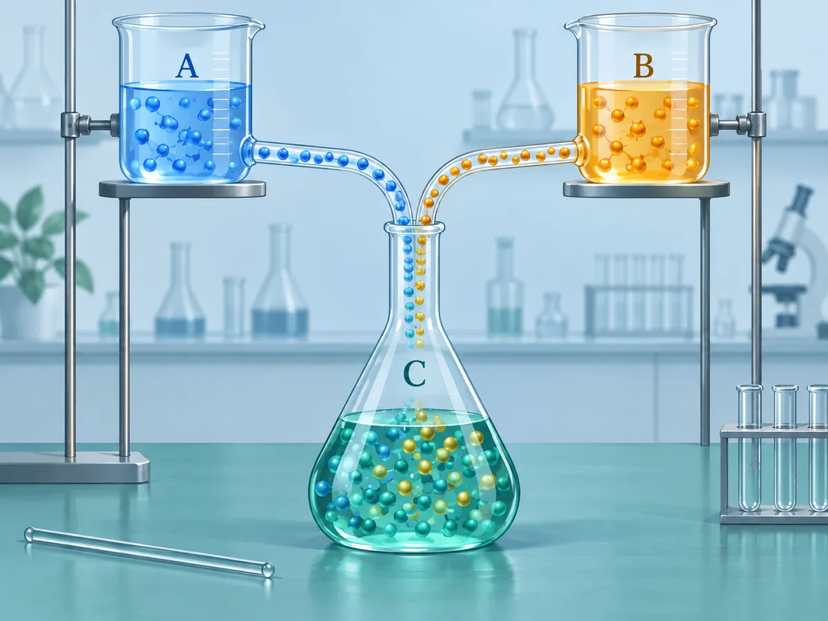 溶質Aと溶質Bを別々のビーカーからフラスコへ混ぜ、混合溶液を作る化学イラスト