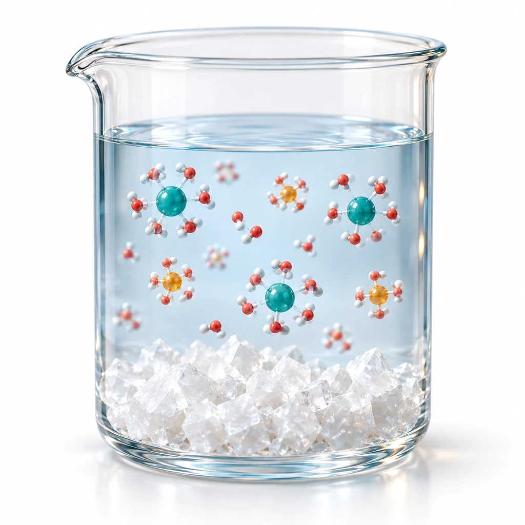 水溶液中に分散したイオンと底部の結晶を示す溶解平衡の概念図